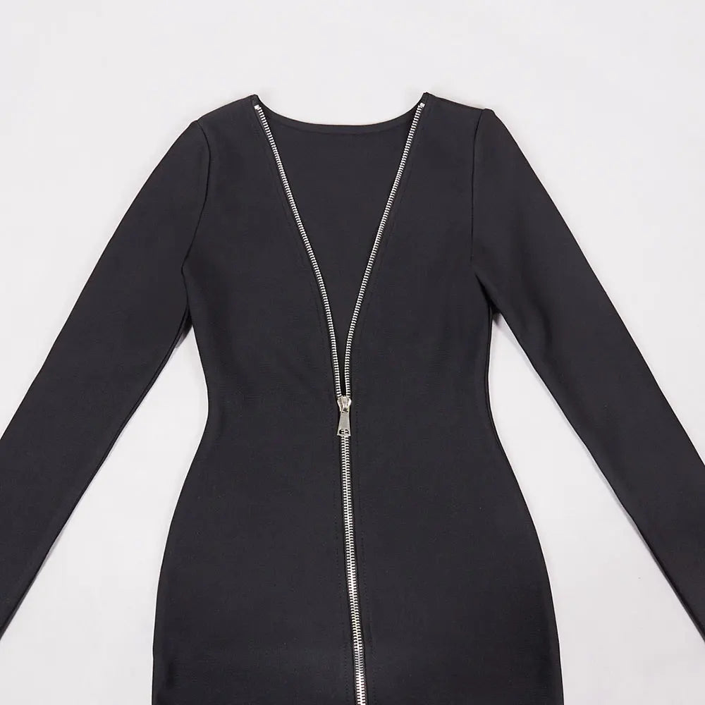 2024 Sexy Women's Dress Front and Back Wearable O-neck Long sleeved Bodycon Zipper Design Midi Dresses  Evening Party Vestidos