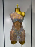Sparkly Rhinestones Women Sexy One Shoulder Bodycon Mini Dress Mesh See Through Celebrate Nightclub Party Birthday Stage Outfit Khaki