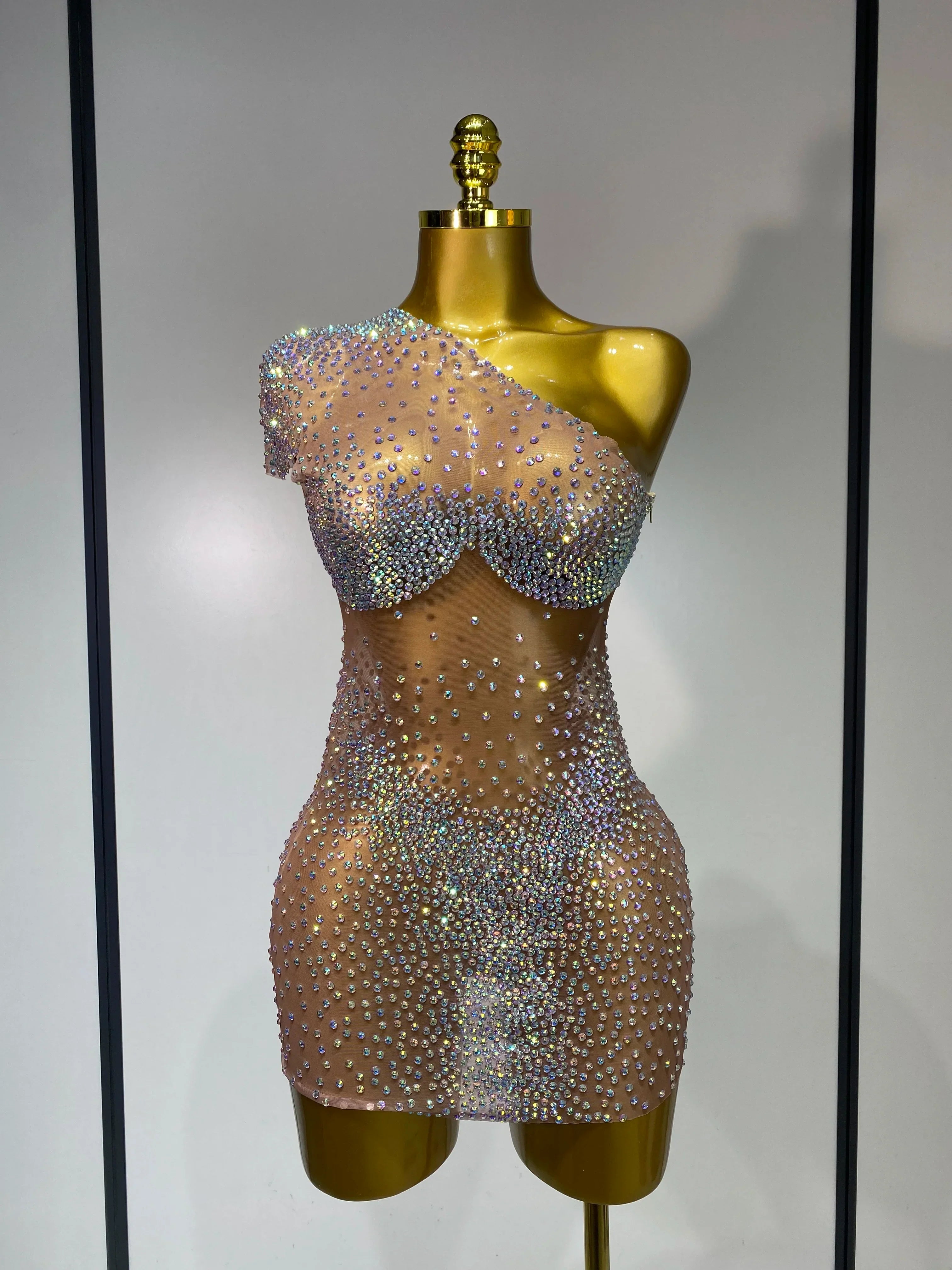 Sparkly Rhinestones Women Sexy One Shoulder Bodycon Mini Dress Mesh See Through Celebrate Nightclub Party Birthday Stage Outfit Khaki