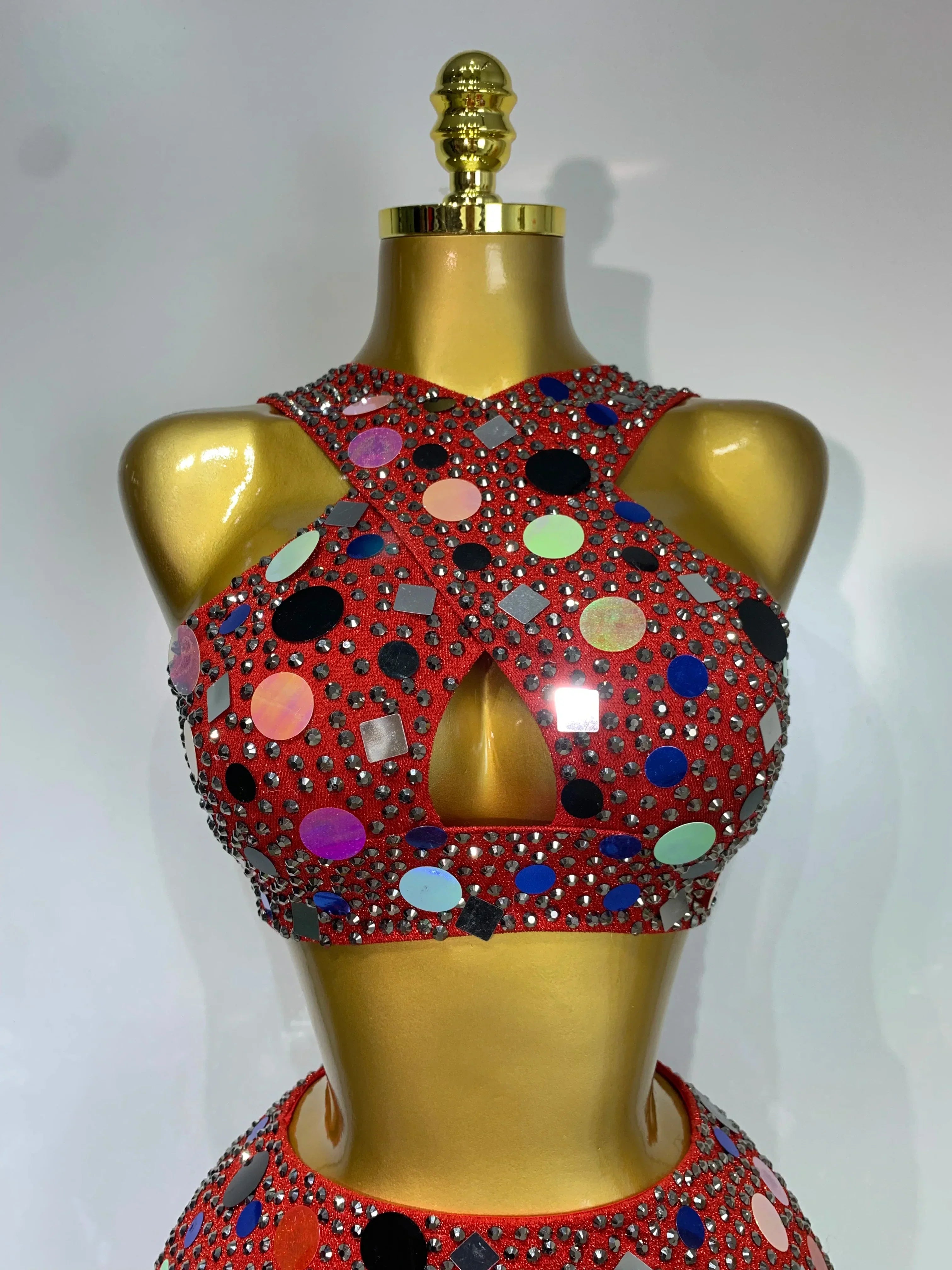 Luxury Rhinestone Sequin Sexy Two Piece Set  Fashion Nightclub Sparkly Perform Stage Costume Birthday Dress