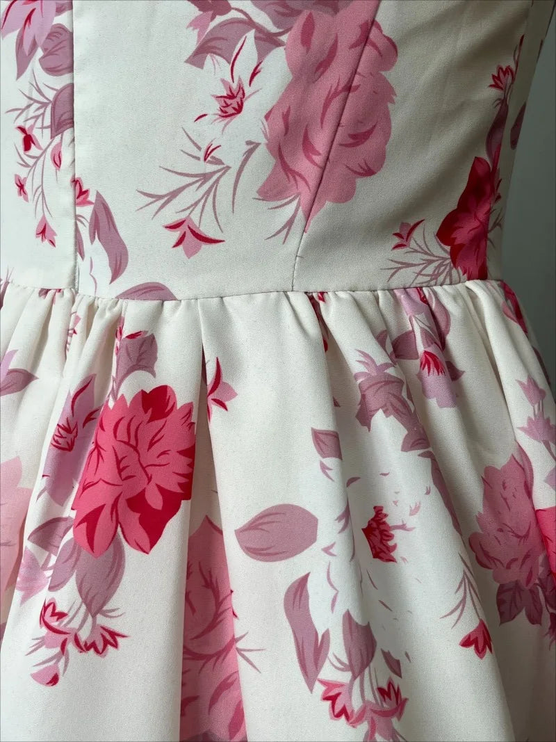 Woman Clothing Sexy Slash Neck Floral Printed Birthday Party Dress Sleeveless High Waist A line White Short Holiday Dresses 2024