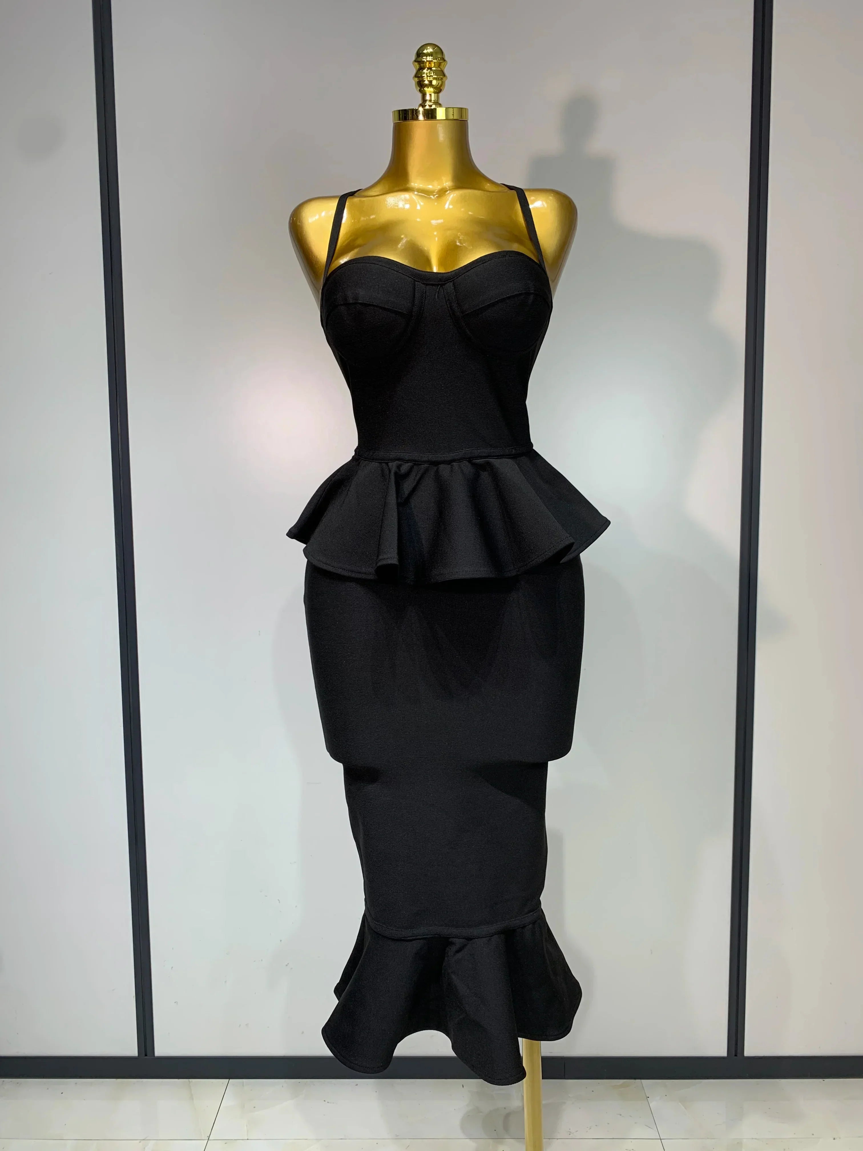 Women Sexy Backless Tierred Bodycon Bandage Dress Celebrity Elegant Evening Party Club Wedding Dress Birthday Vestido black