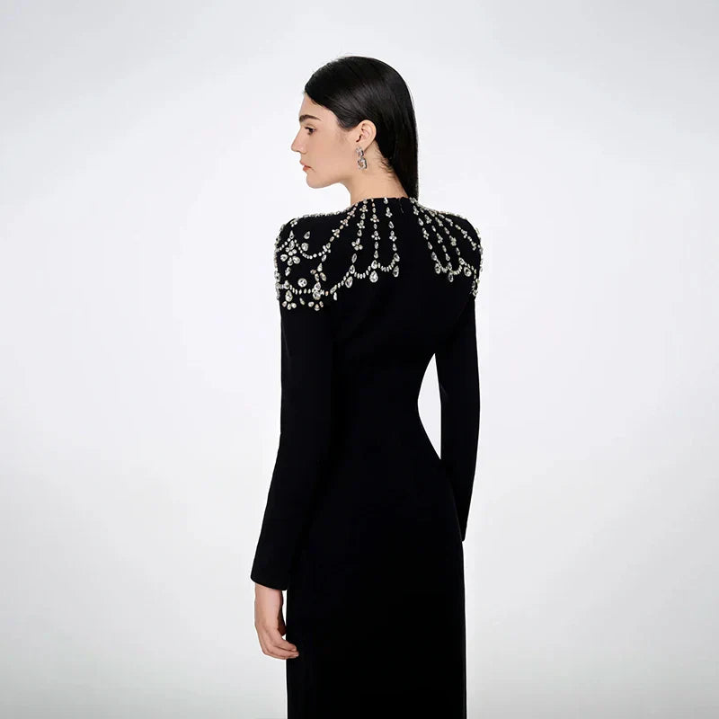 Black Winered Women Long Sleeve Square Collar Shinning Crystal Bodycon Long Bandage Dress Elegant Evening Party Wear
