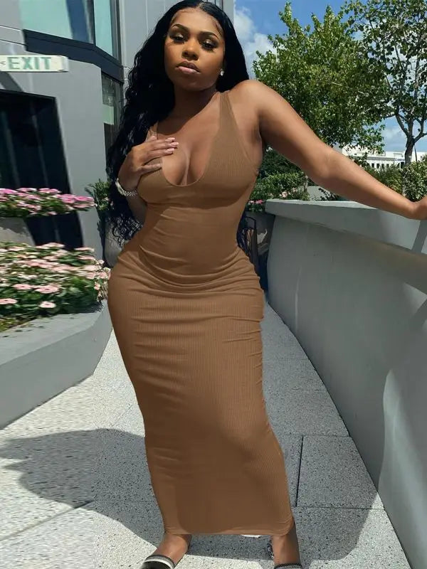 Ribbed Stripe Sleeveless Vneck Midi Dress