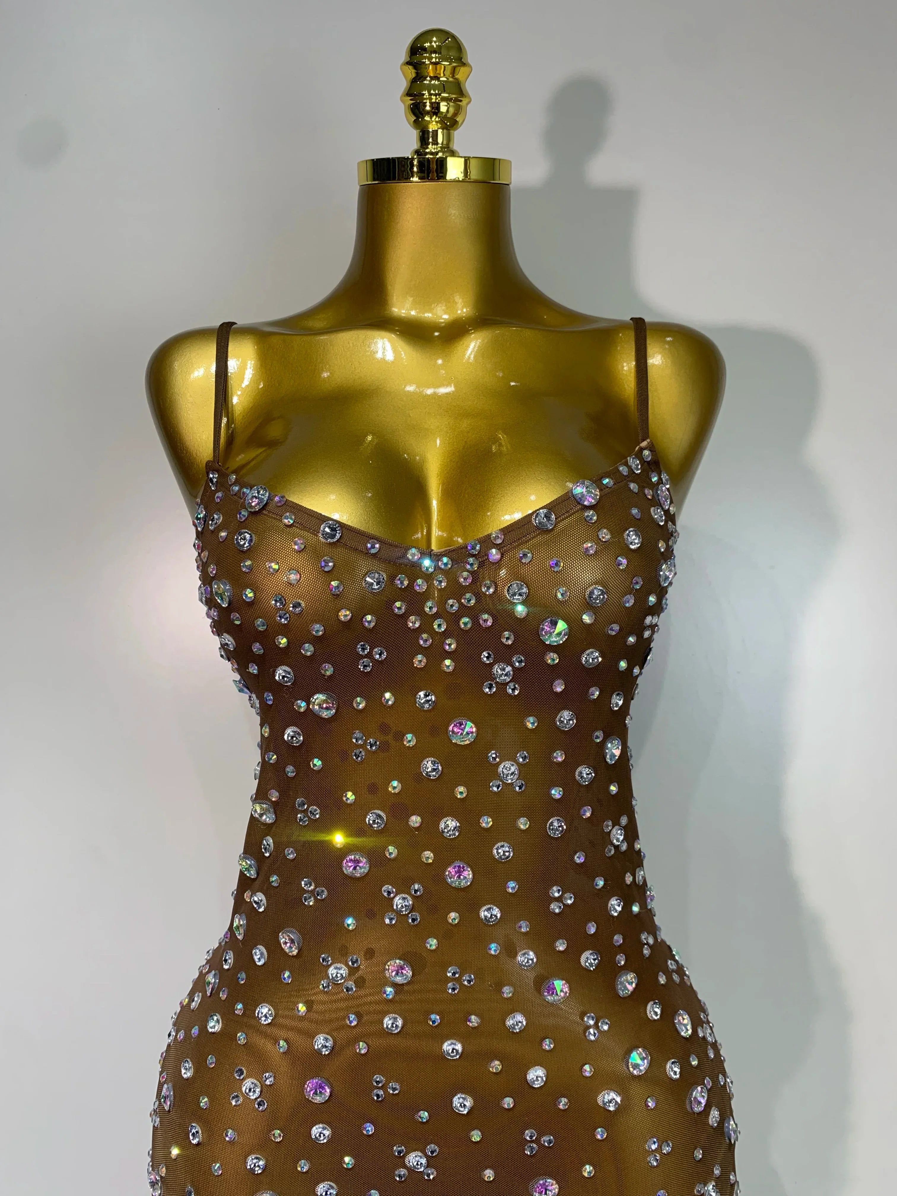 Sparkly Rhinestone Stretchy Mesh See Through Dress Women Performance Dancer Costume Luxury Birthday Nightclub Stage Outfit