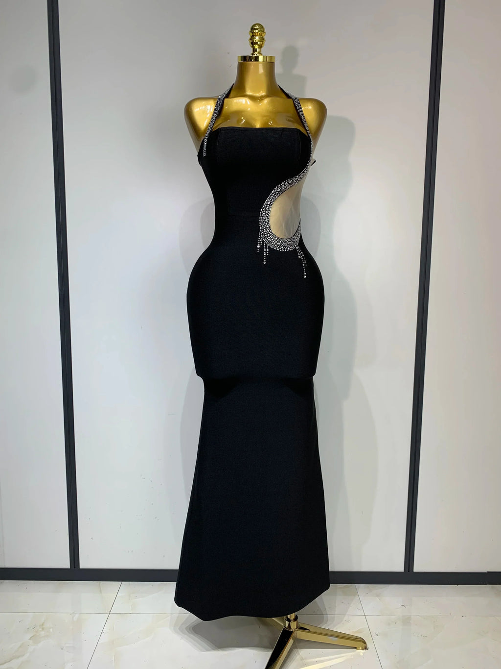 Women Sexy Rhinestone Halter Long Bandage Bodycon Dress Celebrity Elegant Evening Party Luxury Birthday Wedding Dresses black
