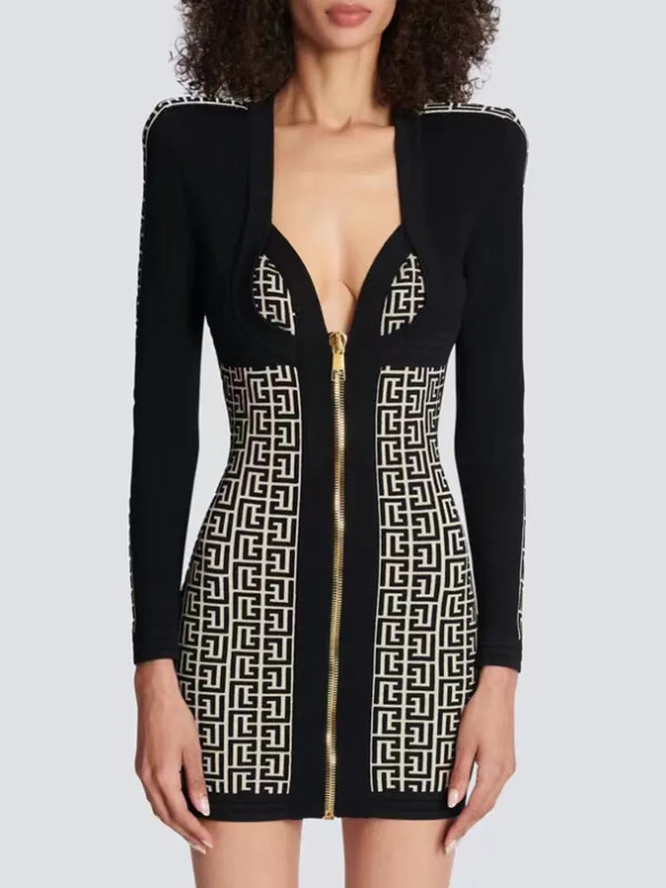 Black Color Women Long Sleeve Sexy Front Zipper Bodycon Mini Dress Rayon Bandage Fashion Runway Show Evening Dress