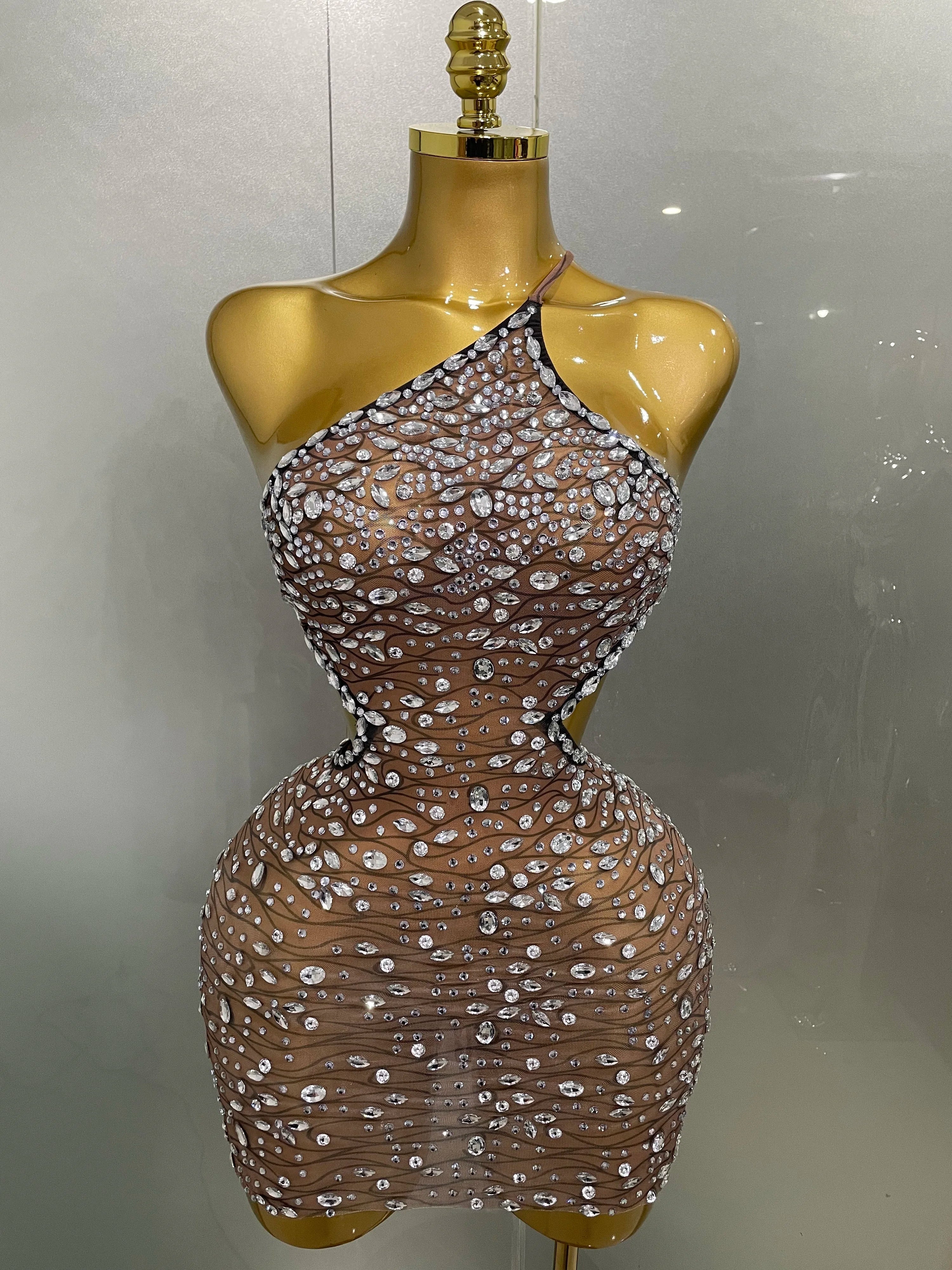 Sexy Shiny Diamond Hollow Out Backless Short Dress Women Evening Celebrate Prom Birthday Party Nightclub Stage Costume Dark Brown