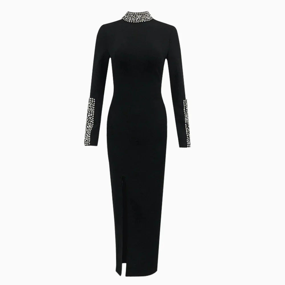 Red Black Color Women Long Sleeve Shinning Crystal Bodycon Long Bandage Dress Elegant Celebrate Evening Party Cocktail Dress