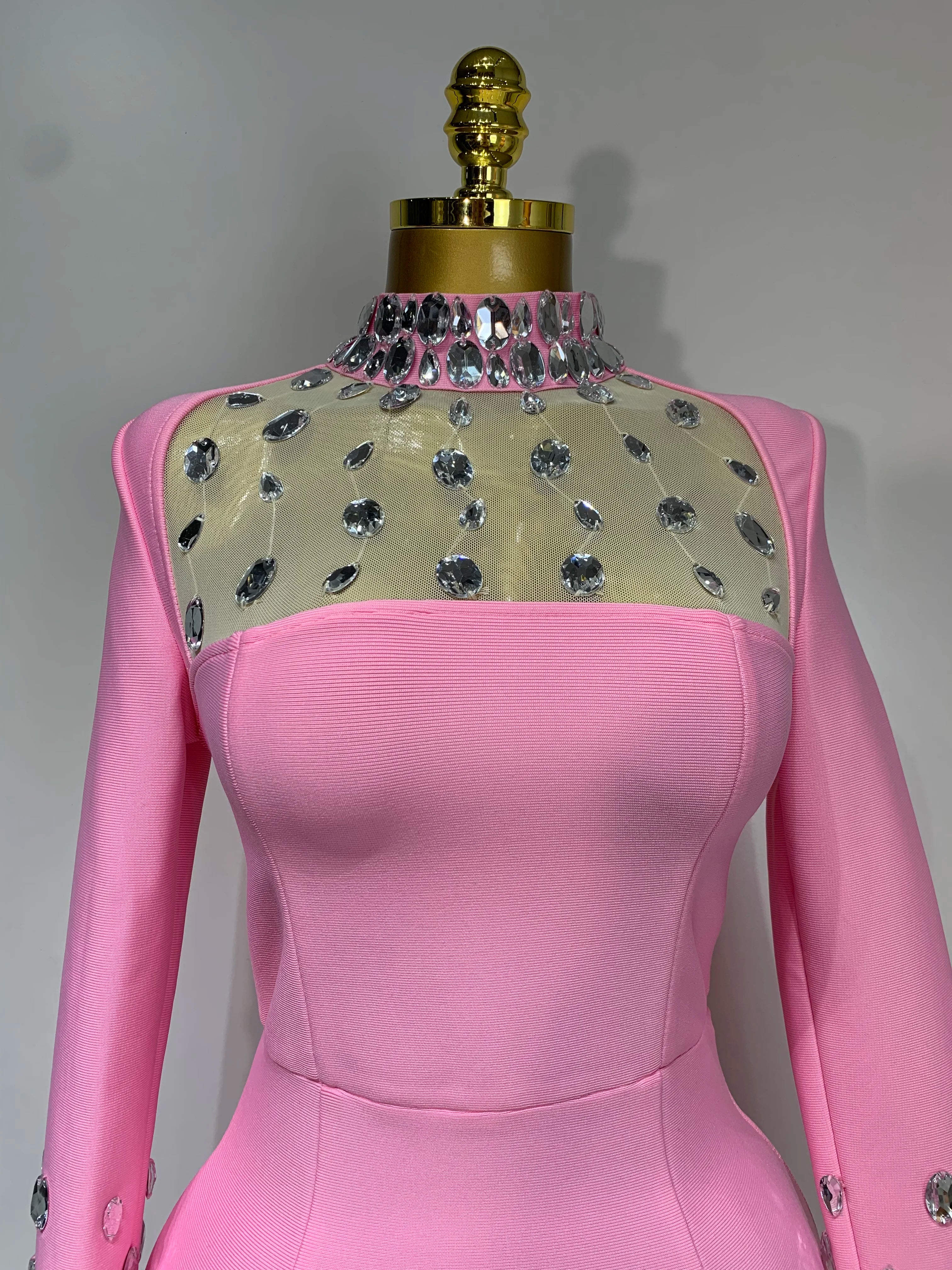 Luxury Birthday Dresses Diamond Long Sleeve Pink Bodycon Bandage Dress Women Wedding Evening Prom Gowns