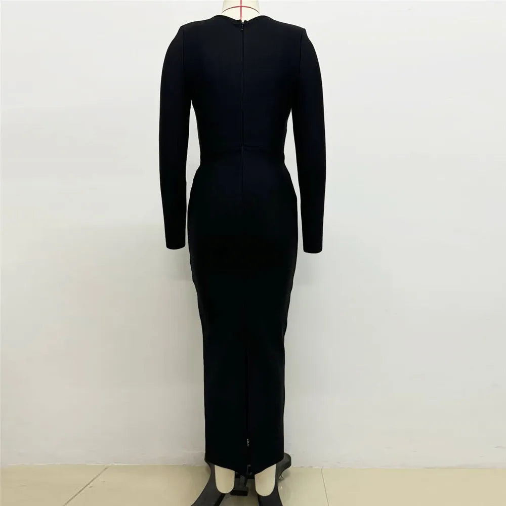 Black Color Women Long Sleeve Square Collar Shinning Crystal Bodycon Bandage Long Dress Celebrate Evening Party Prom Dress
