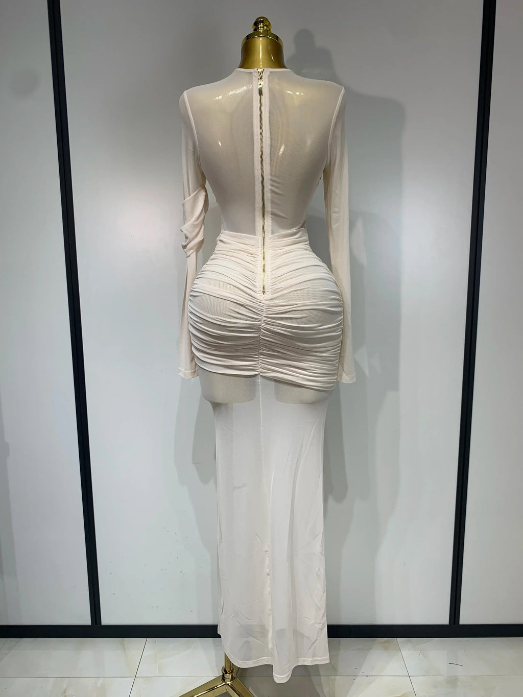 Elegant Mesh Fold Long Sleeve Bodycon Dress Women  Evening Party Club Sexy Perspective Fashion Luxury Birthday Dresses