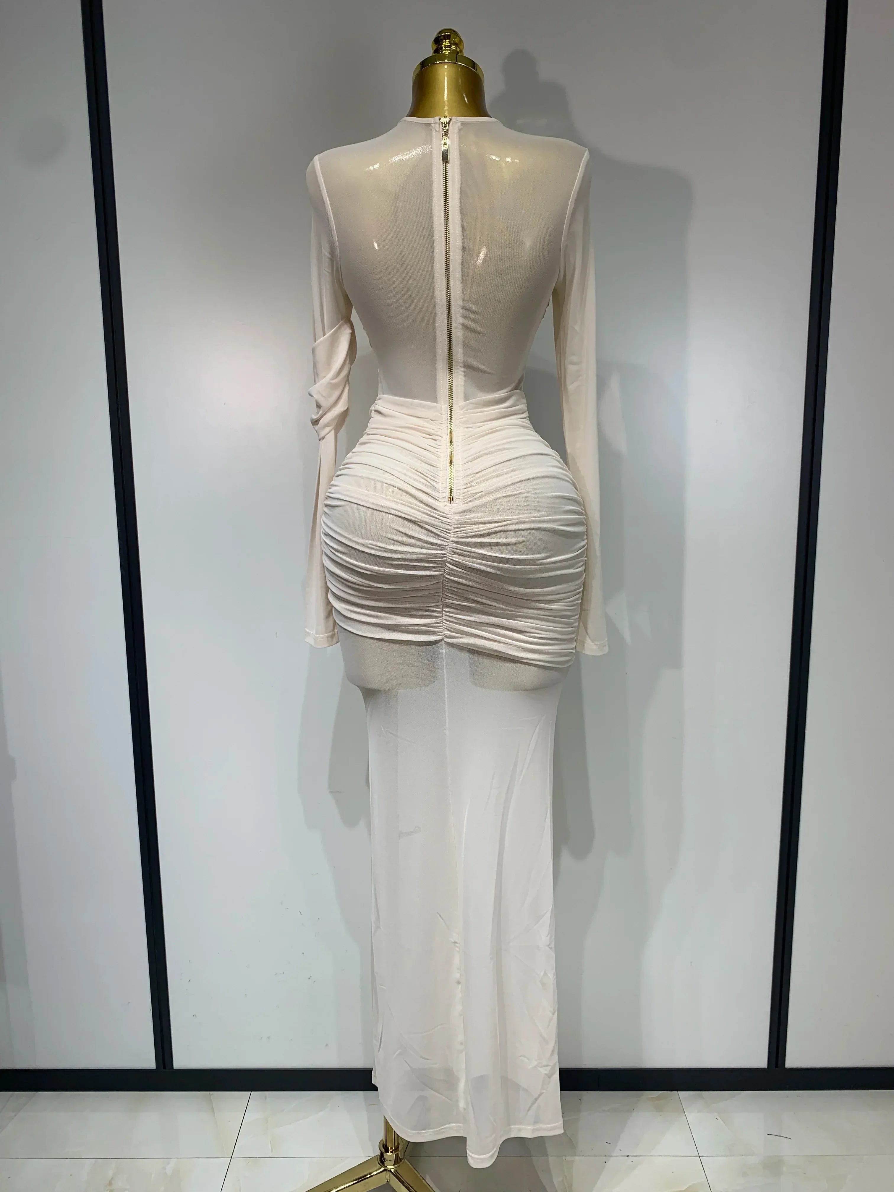 Elegant Mesh Fold Long Sleeve Bodycon Dress Women  Evening Party Club Sexy Perspective Fashion Luxury Birthday Dresses