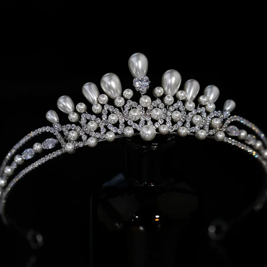 Crystal Pearl Tiaras and Crowns Set Zirconia Diadem For Bride Princess Queen Headband Bridal Hair Jewelry Wedding Accessories