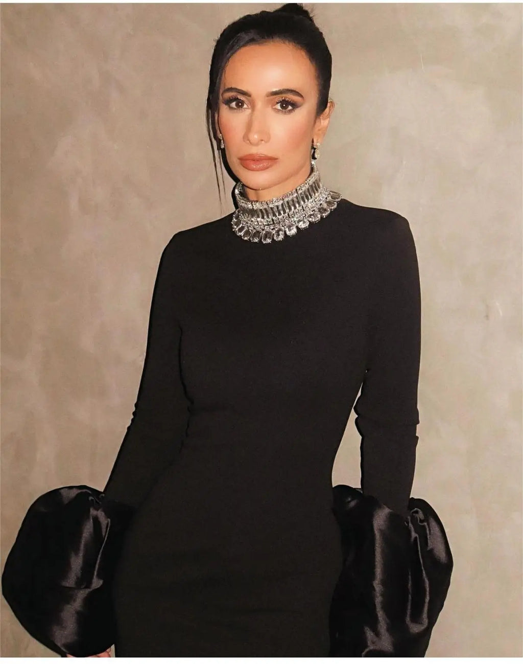 Shining Diamonds Neck Flare Sleeve Black Long Bandage Dress Elegant Woman Evening Party Dress Cocktail Party Outfit
