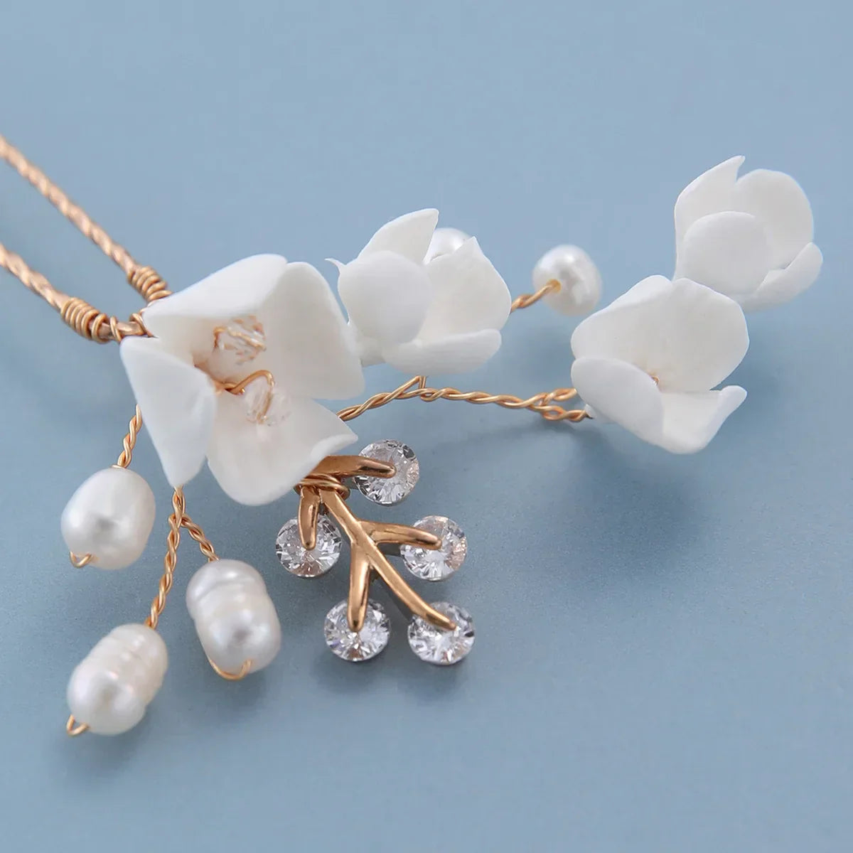 Bridal Jewelry Porcelain Flower Hair Pin Clip Freshwater Pearl Head Piece Brides Vintage Gold Color Hairpin Wedding Accessories