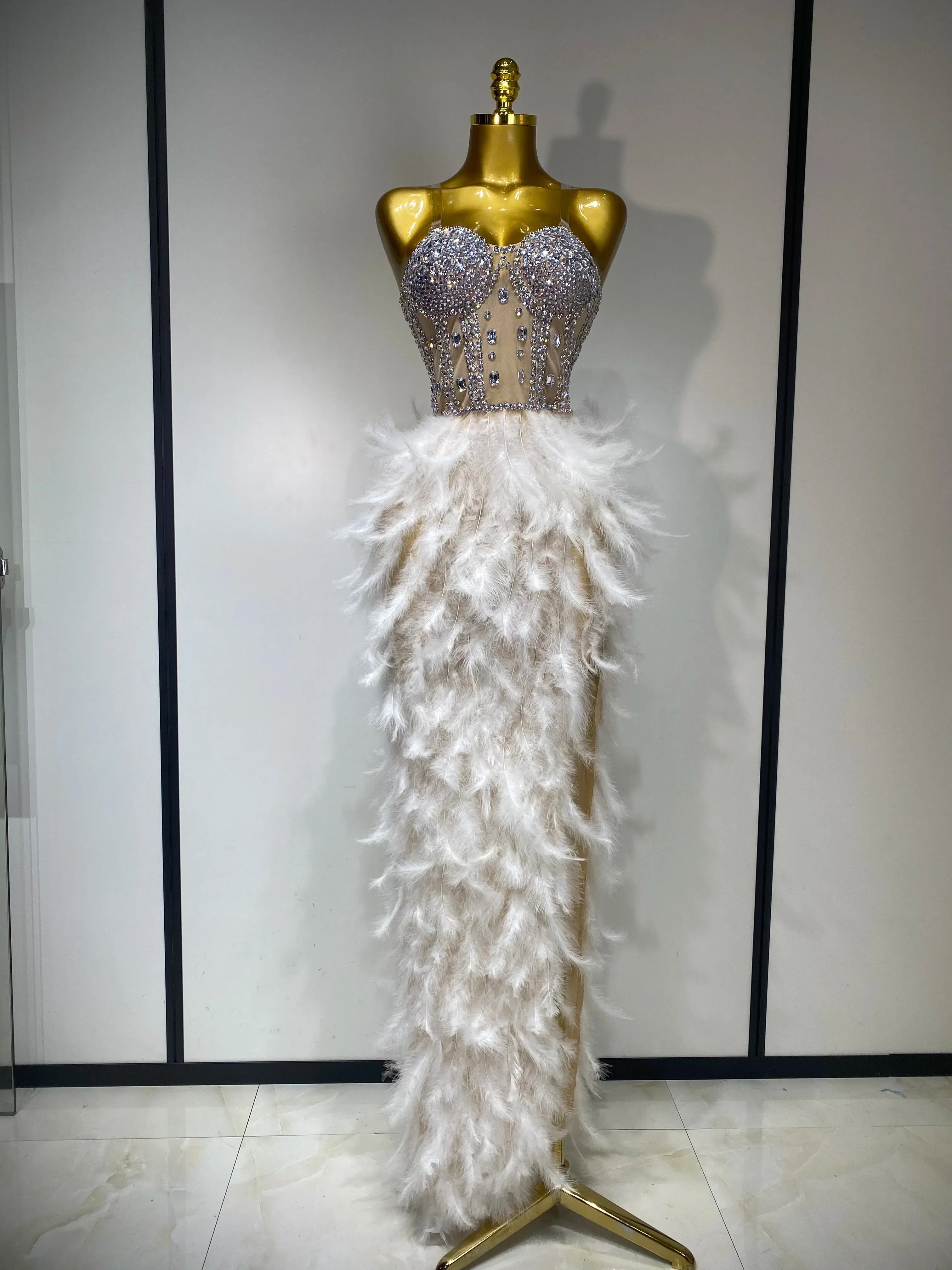 Sparkly Rhinestone Feather Mesh Long Dress Women Sexy Elegant Evening Party Luxury Birthday Photo Shoot Performance Costume WHITE