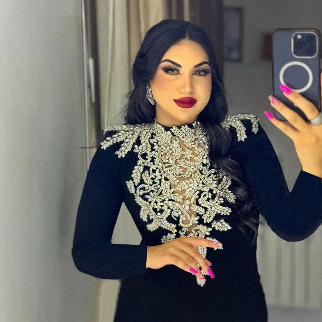 Sparkly Crystal Women Long Sleeve Sexy O-Neck Bodycon Long Bandage Dress Celebrate Elegant Evening Party Outfit black