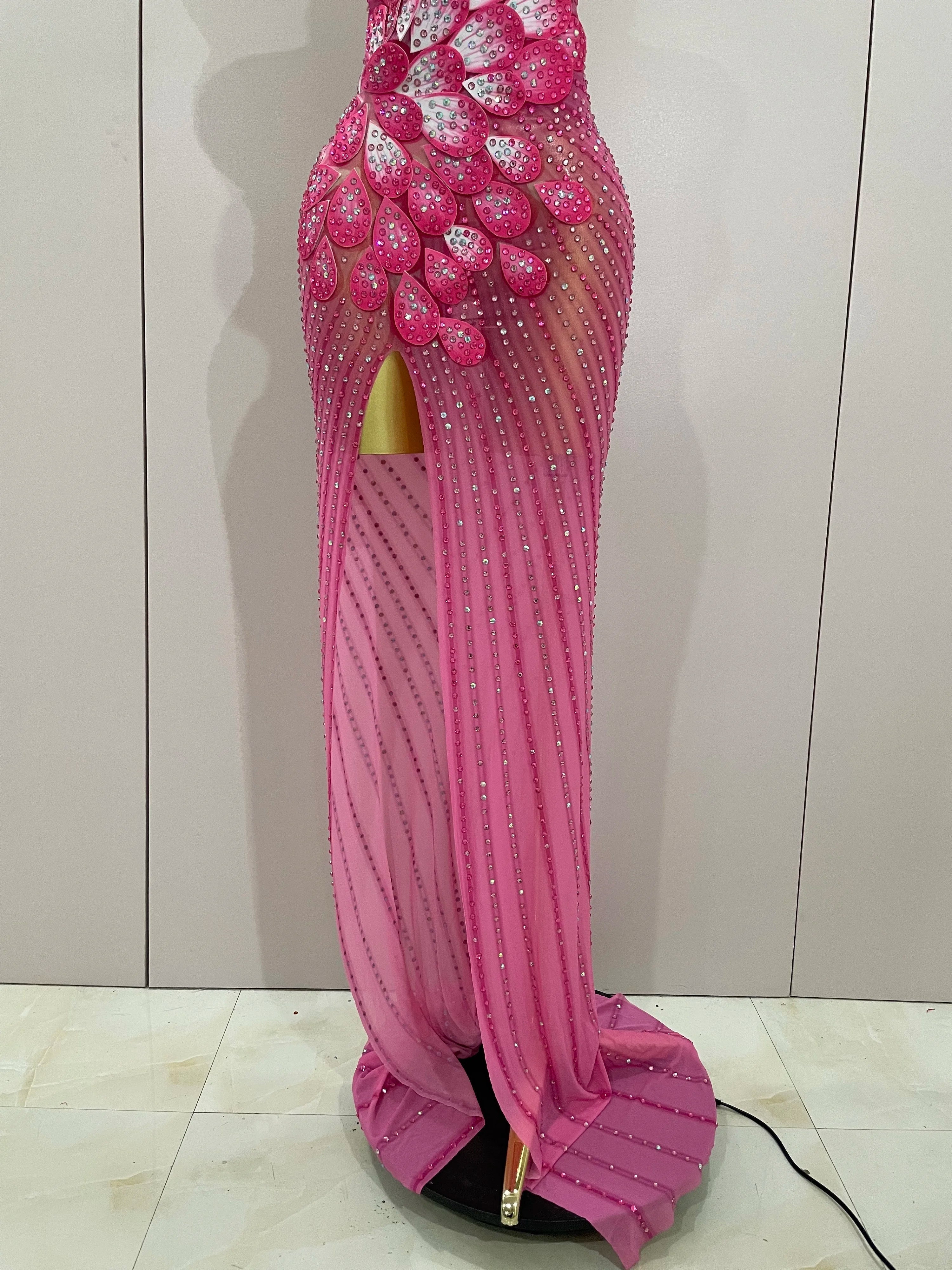 Luxury Shinning Rhinestones Flowers Sexy One Shoulder Bodycon Maxi Long Dress  Women Evening Birthday Party Stage Costume