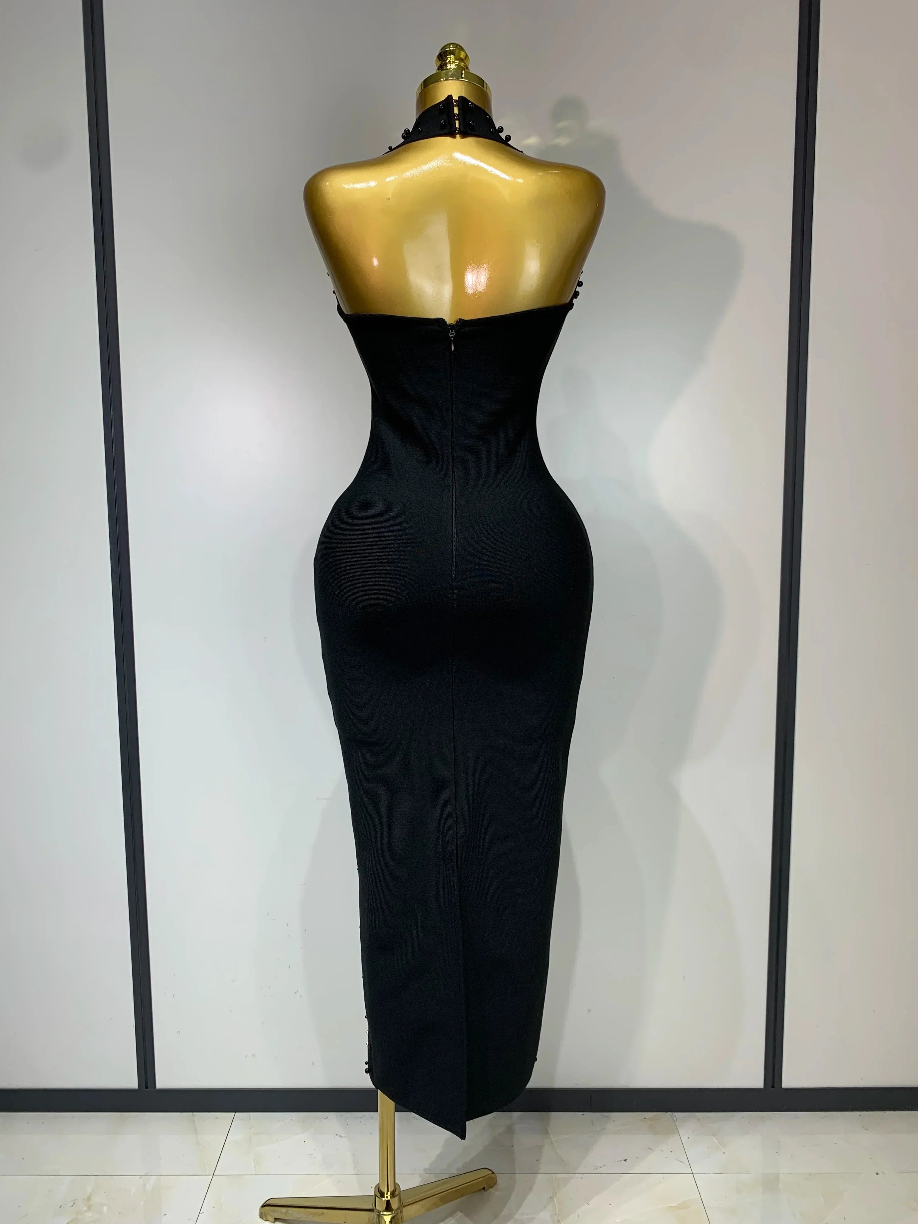 Elegant Sparkly Rhinestone Pearl Halter Backless Bodycon Bandage Long Dress  Women Luxury Birthday Evening Party Gowns