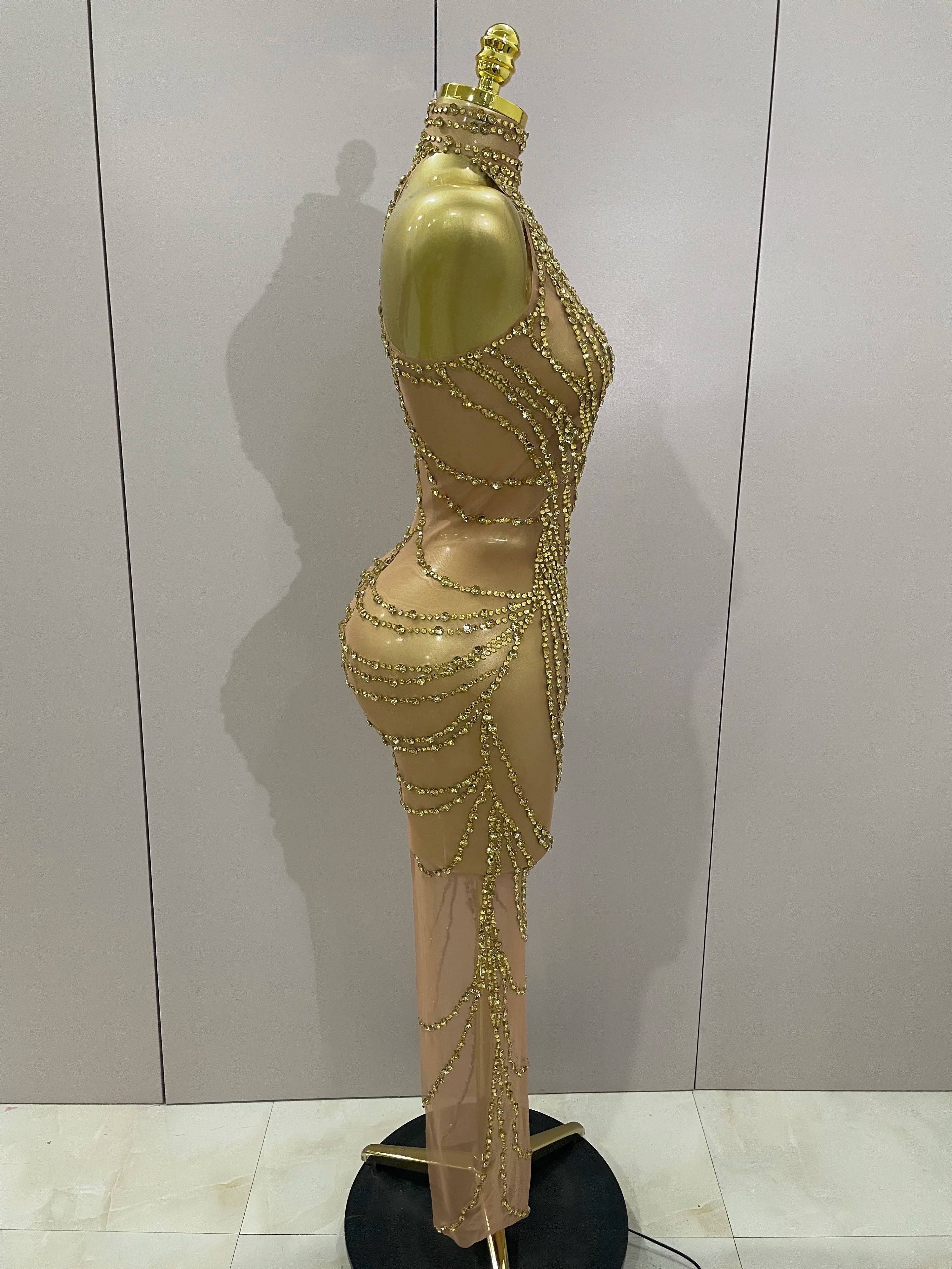 Luxury Sparkly Gold Rhinestone Sexy Transparent Mesh Long Dress  Women Birthday Party Gown Stage Singer Performance Costume