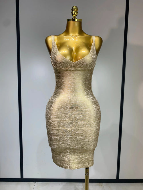Celebrity Elegant Gold Bodycon Bandage Dress Women Sexy Nightclub Evening Party Luxury Birthday Dress Vestidos Gold
