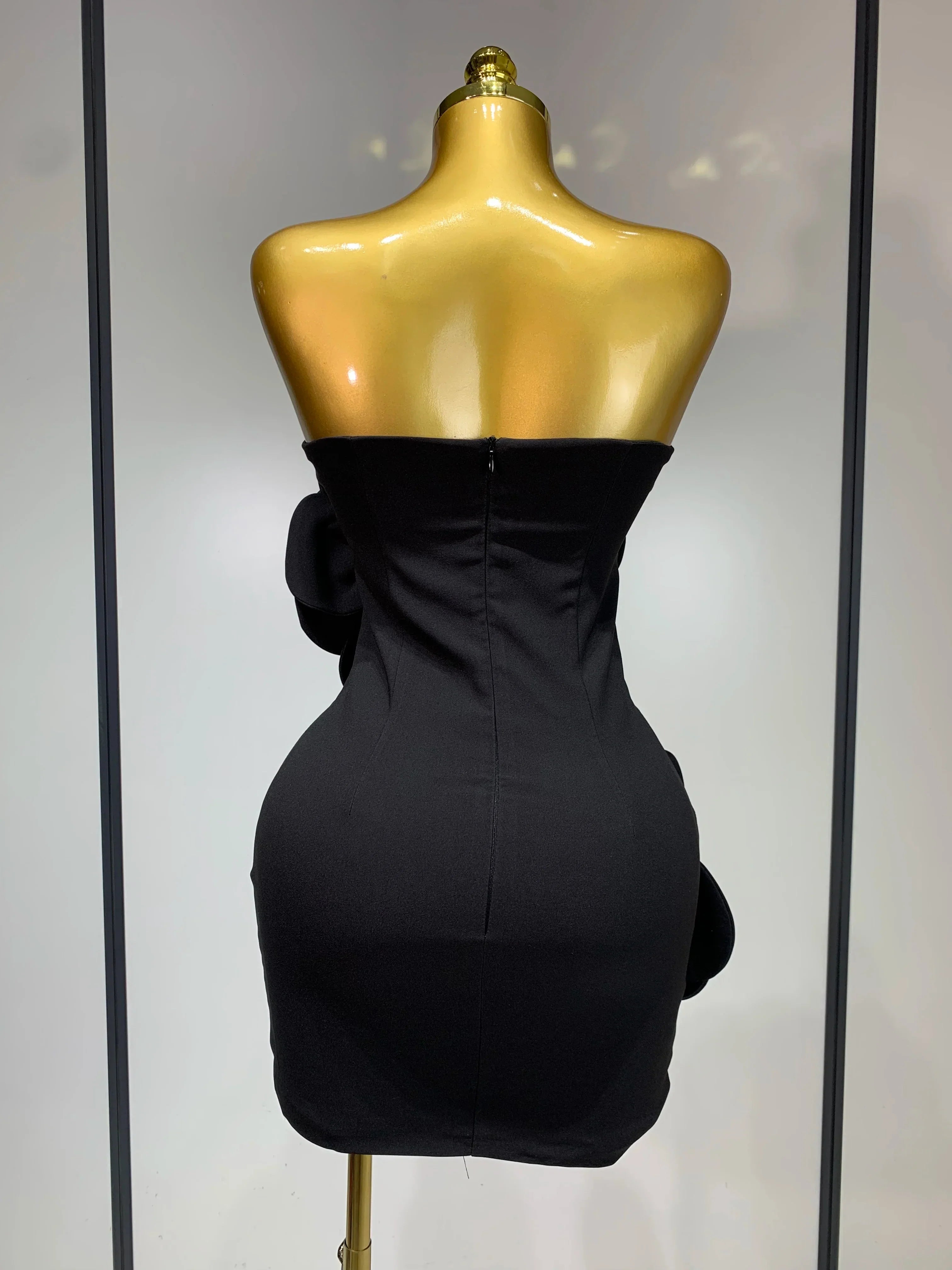 Women Sexy Strapless Backless Flower Black Mini Bodycon Dress Celebrity Elegant Evening Club Party Outfit Birthday Dresses