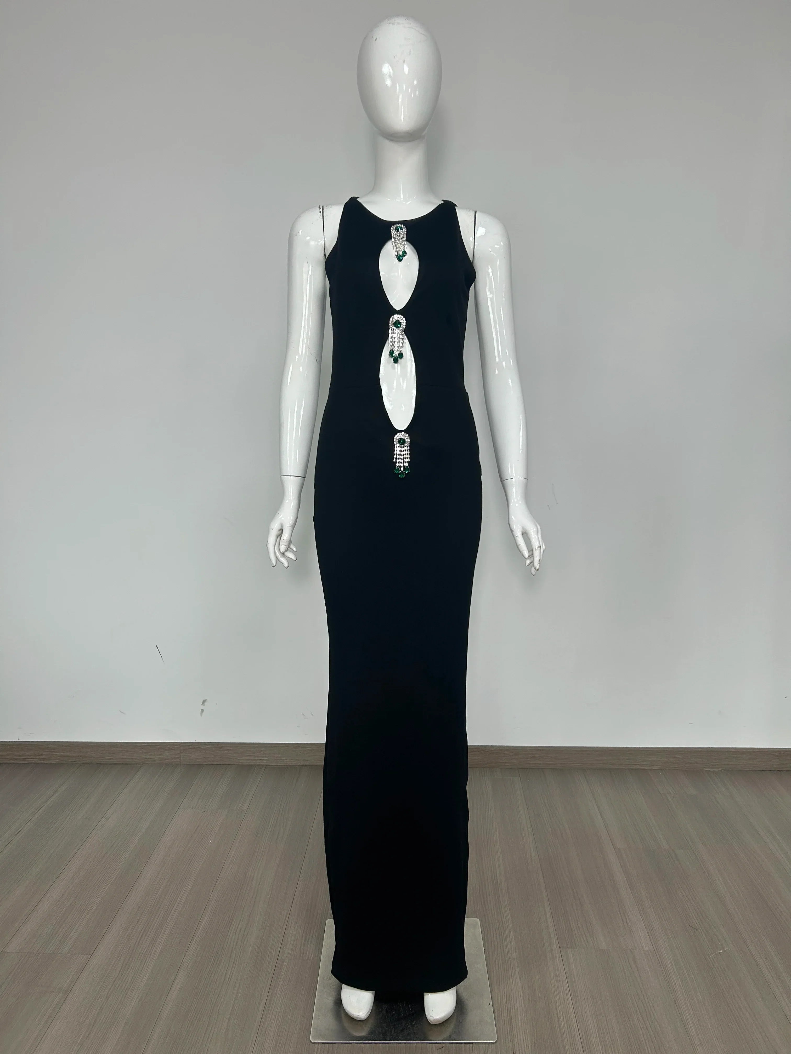 Black Color Women Sleeveless Sexy Keyhole Sparkly Diamond Bodycon Long Dress Fashion Elegant Evening Party Outfit Dress black