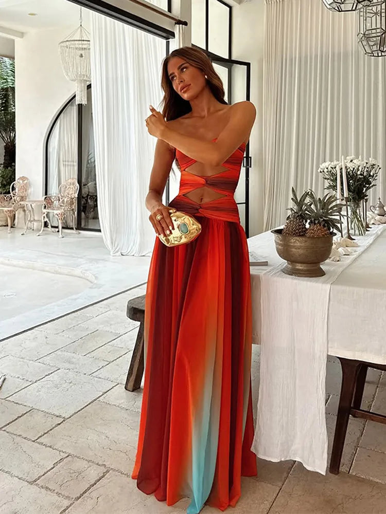 Gradient Pleated Hollow Strap Midi Dress