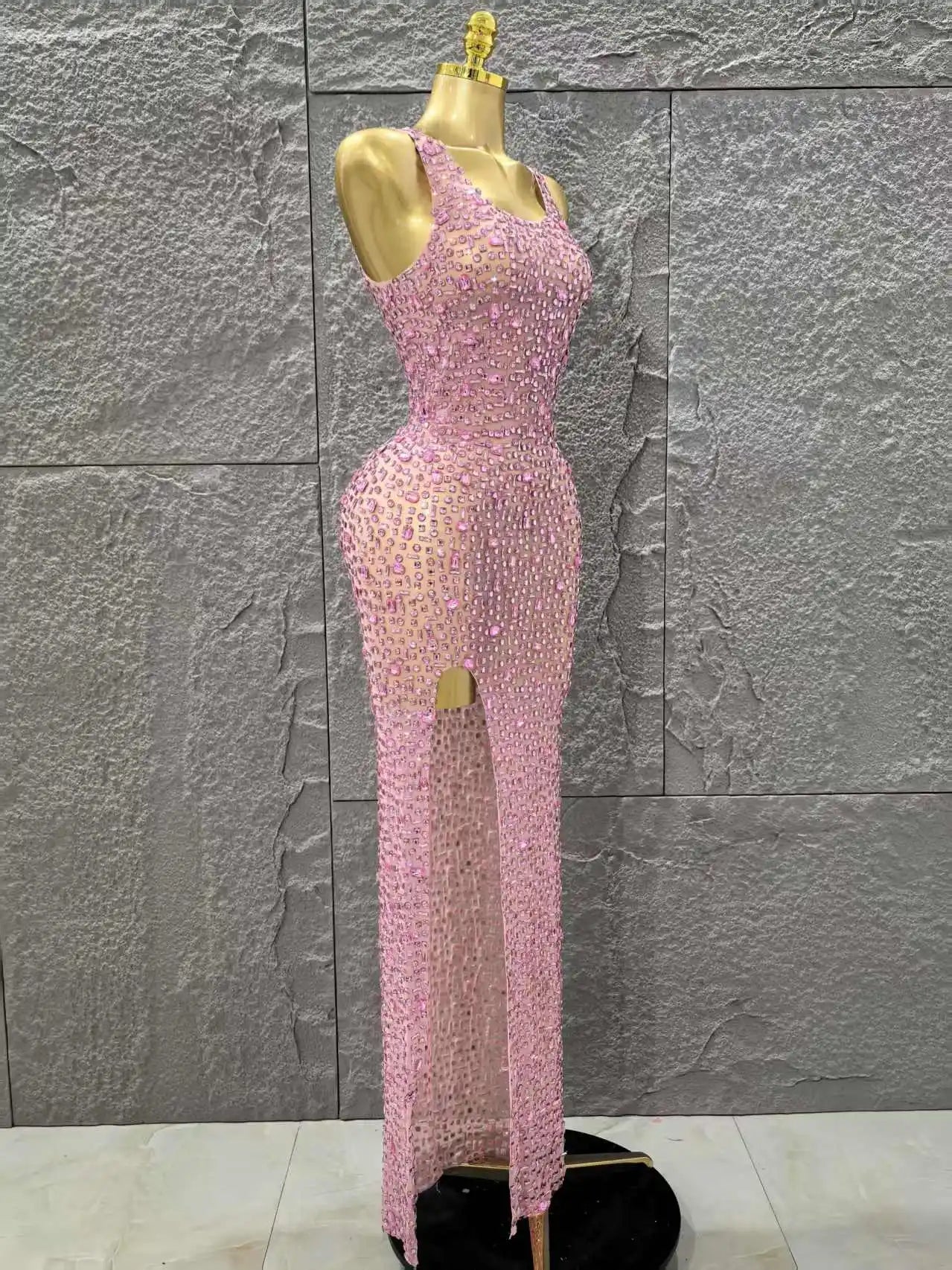 Women Sleeveless Sexy O-Neck Mesh See Through Full Crystal Bodycon Long Dress Birthday Party Stage Wear