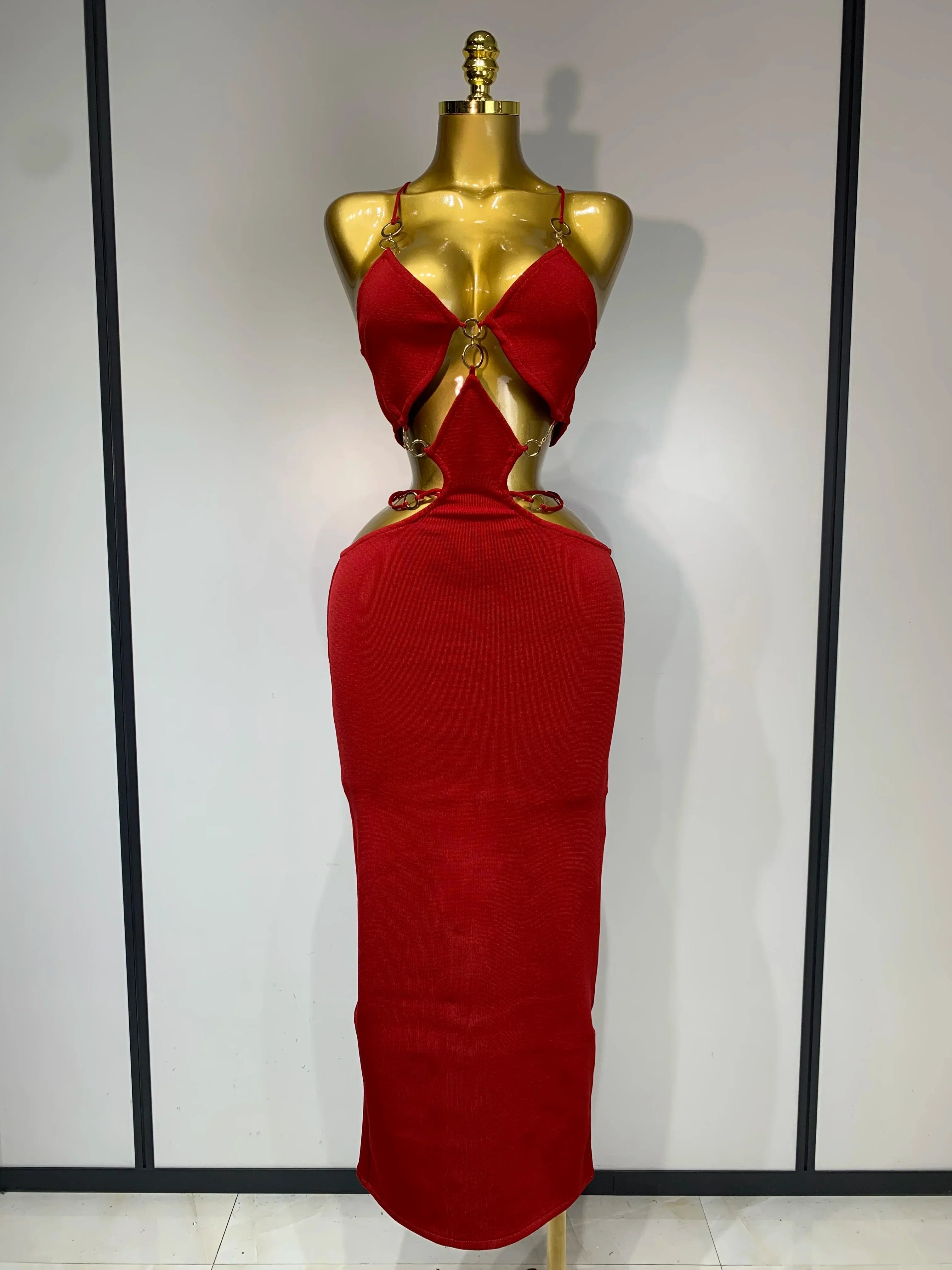 Women Sleeveless Sexy Spaghetti Strap Hollow Out Bodycon Long Bandage Dress Celebate Elegant Luxury Birthday Club Dresses Red
