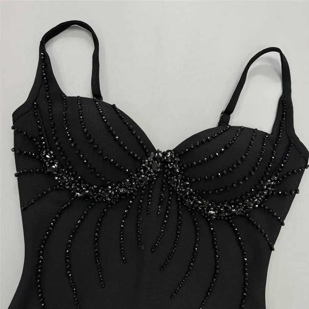 Sexy Women Three-Dimensional Rhinestone Design Bandage Dress Spaghetti Strap Sleeveless Bodycon Backless Midi Dress Vestido