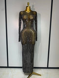 Women Sexy Long Sleeve Mesh See Through Dress Elegant Evening Party Luxury Birthday Club Rhinestone Performance Costume black
