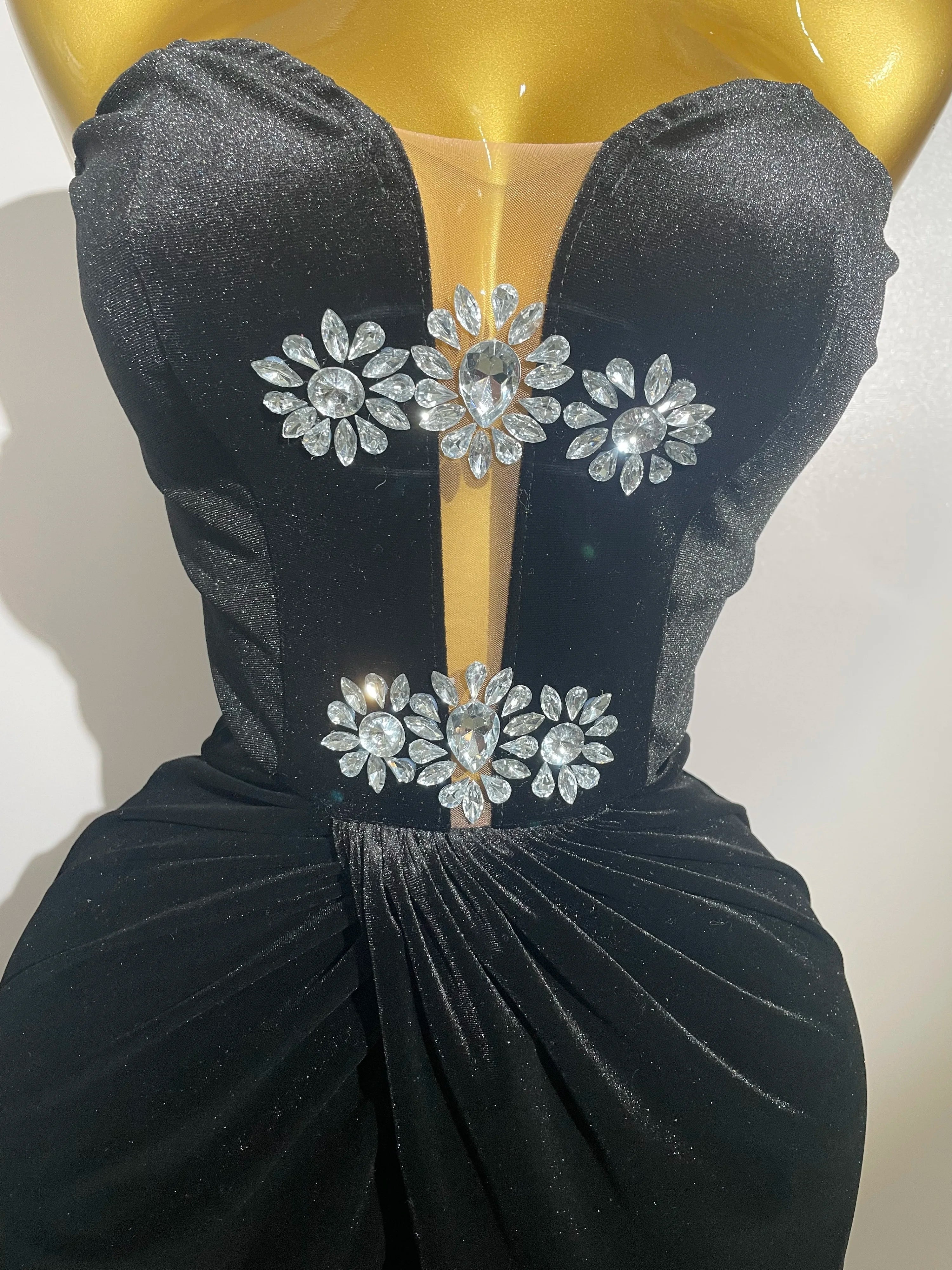 Sparkly Rhinestones Mesh Sexy Split Velvet Gloves Long Dress Women Birthday Celebrate Wedding Gown Stage Photo Shoot Wear