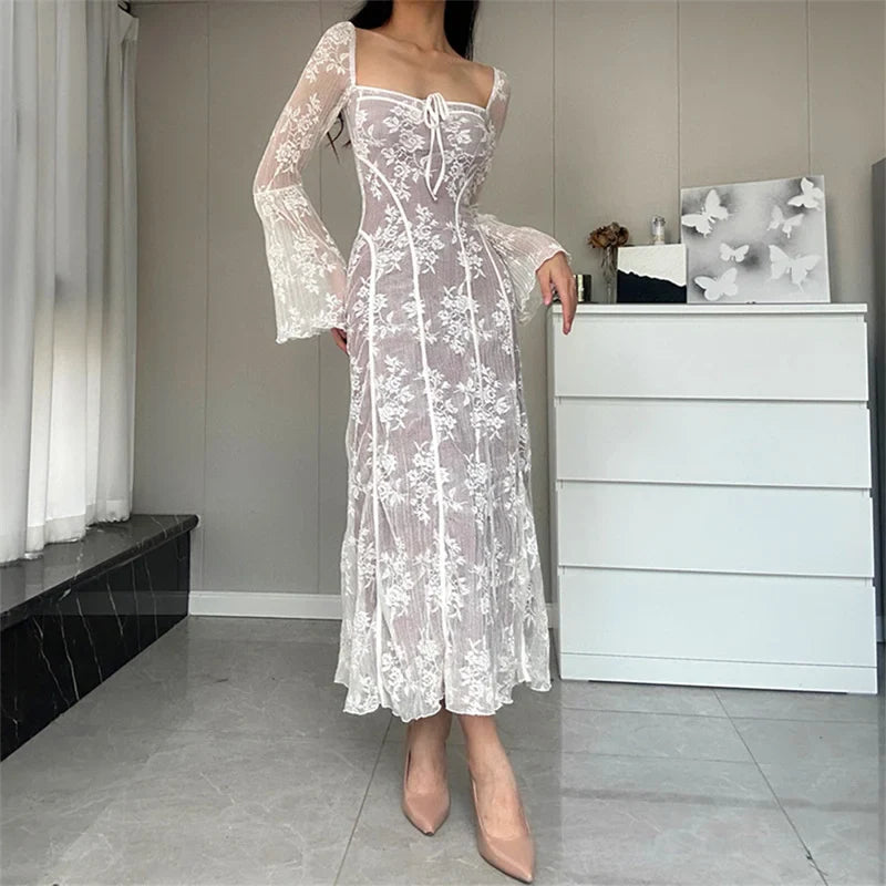 Lace Flared Sleeve ALine Midi Dress