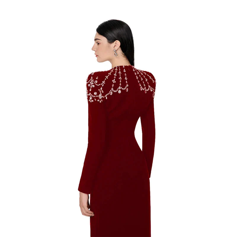 Black Winered Women Long Sleeve Square Collar Shinning Crystal Bodycon Long Bandage Dress Elegant Evening Party Wear