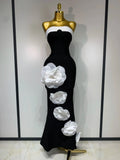 Women Sexy Strapless Backless Flower Maxi Long Bandage Dress Knitted Celebrity Elegant Evening Club Party Birthday Dresses black