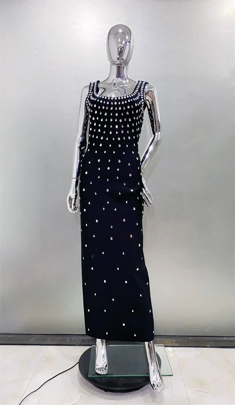 Women Sleeveless Sexy O-Neck Shinning Crystal Bodycon Bandage Long Dress Evening Party Celebrate Cocktail Outfit black