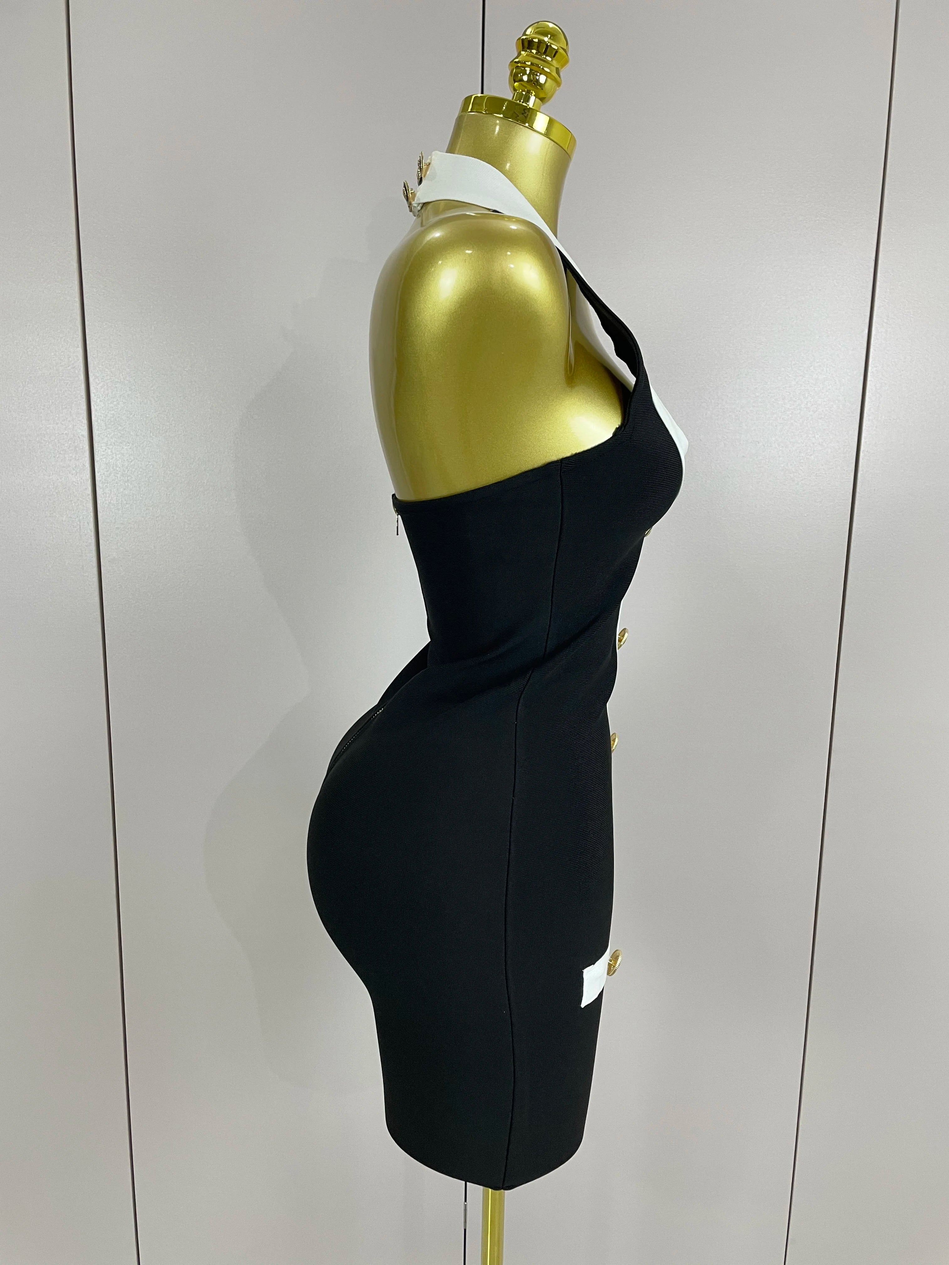 Sexy Backless Halter Button Bodycon Black Mini Bandage Dress  Women Celebrity Elegant Evening Club Party Outfit