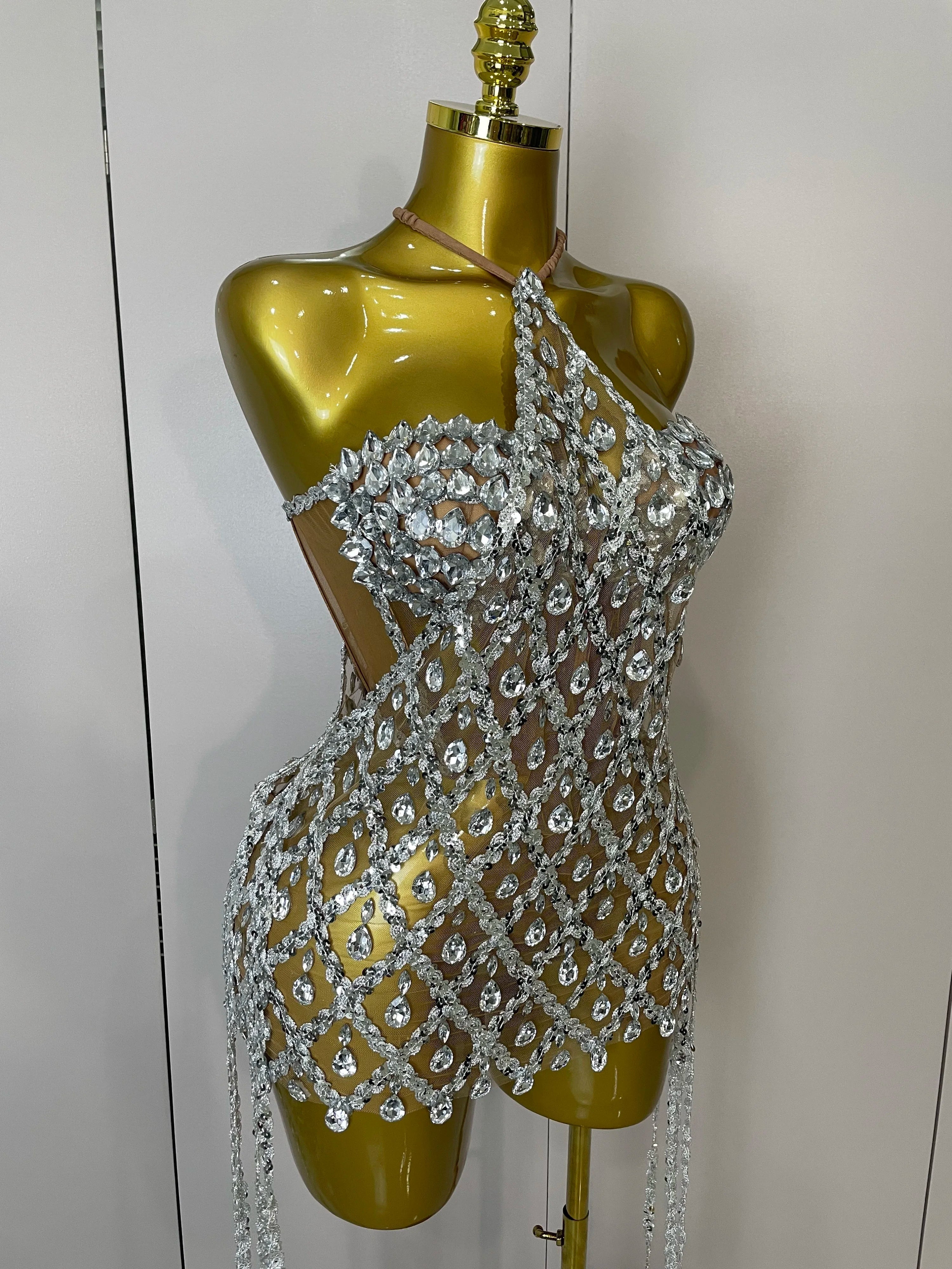 Sparkly Sequin Diamond MeshTransparent Top Dress Two Piece Set Women  Sexy Evening Party Celebrate Birthday Photo Shoot Wear