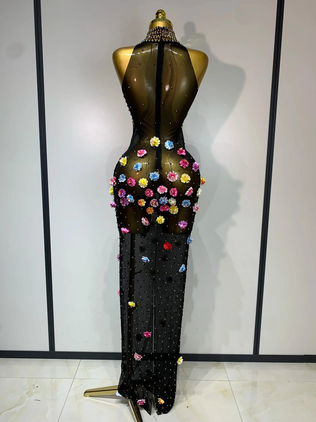 Luxury Rhinestones Flowers Sexy See Through Long Dress  Elegant Evening Party Birthday Wedding Guest Dress Club Stage Outfit