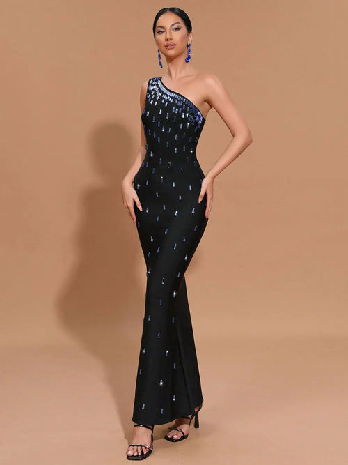 2024 Sexy Women Light Luxury Nail Bead Bandage Dress One Shoulder Slant Neck Sleeveless Bodycon Tail Dress Evening Party Vestido