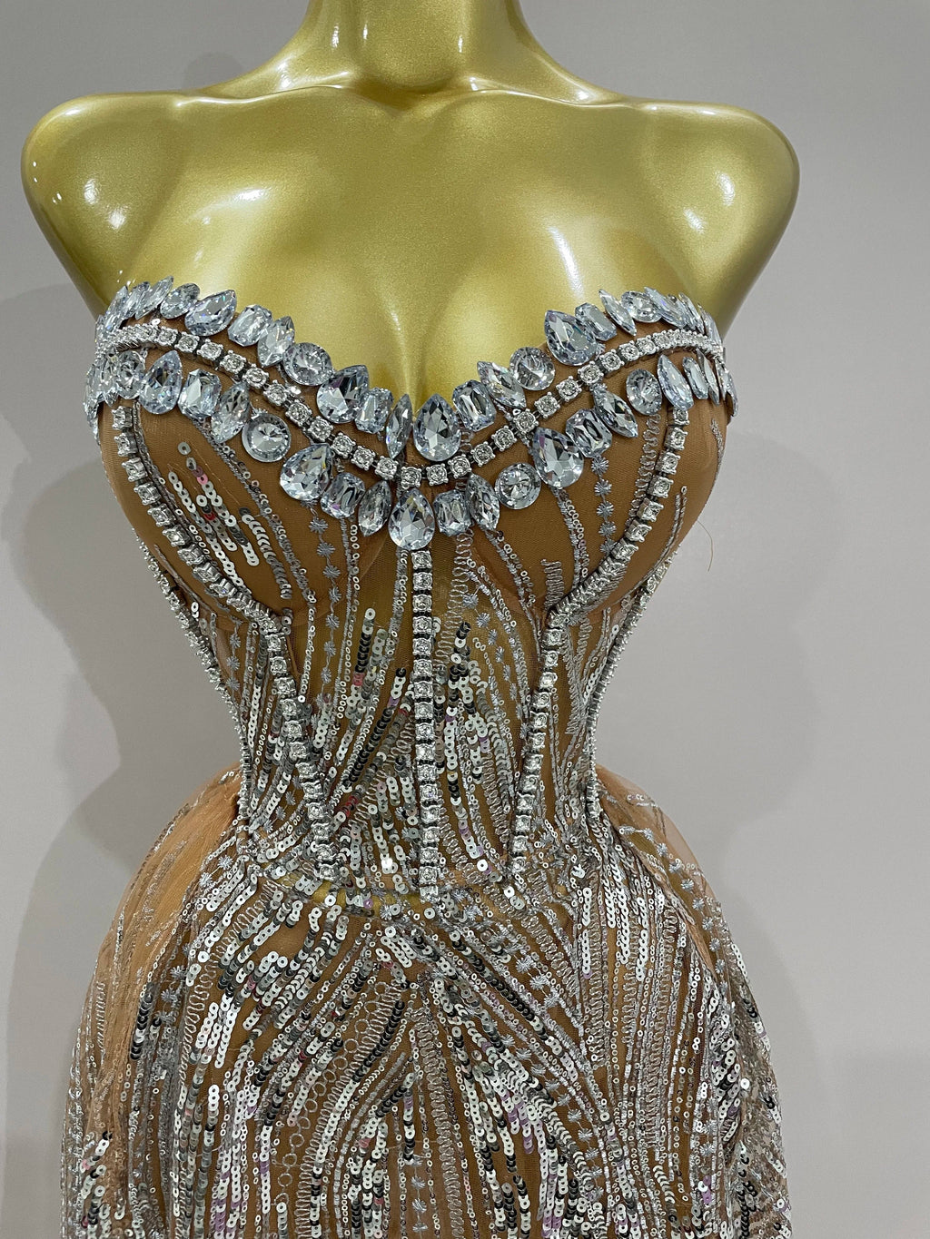 Sparkly Rhinestone Sequins Sexy Strapless See-Through Long Dress Women Evening Birthday Party Dress Nightclub Stage Costume