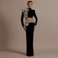 Black Red Women Long Sleeve Diamond Florals 2 Pieces Bodycon Long Bandage Dress Celebrate Evening Party Christmas Dress black