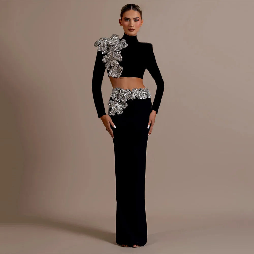 Women Long Sleeve Diamond Florals Bodycon 2 Pieces Mini Bandage Dress Celebrate Nightclub Party Birthday Dress black