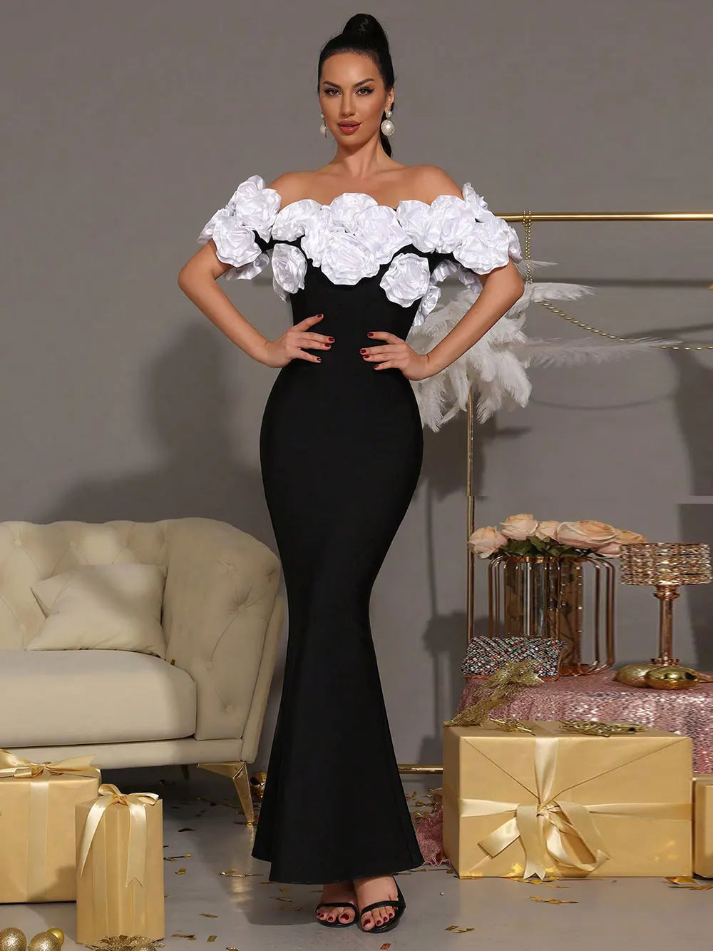 Elegant Women Light Luxury Flower Design Bandage Dress with One Collar Shoulders Bodycon Banquet President's Dress Vestidos black