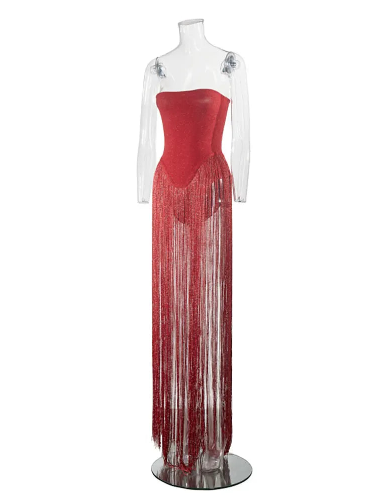 2024 Sexy Women's Black Bandage jumpsuit Tassel Dress Strapless Sleeveless Slim Fit Long Dresses Cocktail Evening Party Vestidos Red