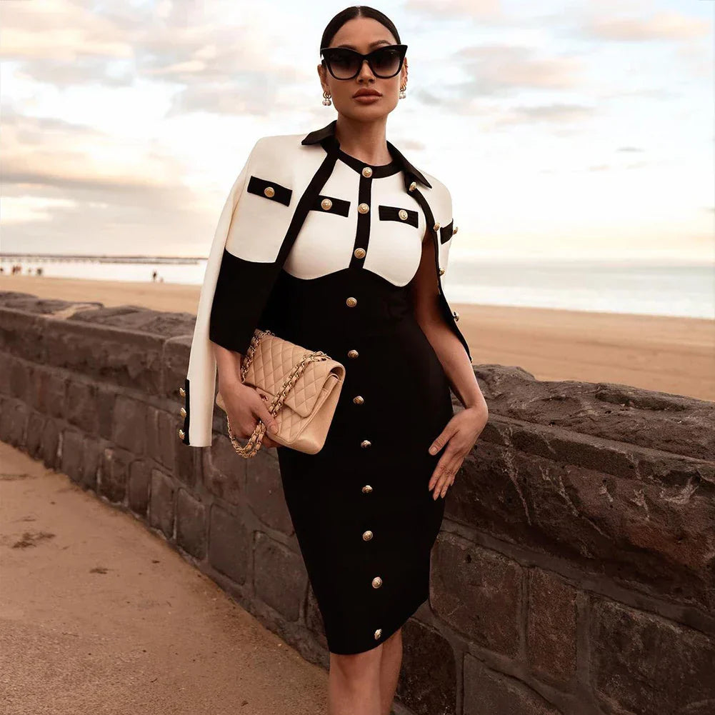Arrivals Fashionable  Women's Bandage Set Golden Buttons White Patchwork Black Coat And Sleeveless Bodycon MIini Dress