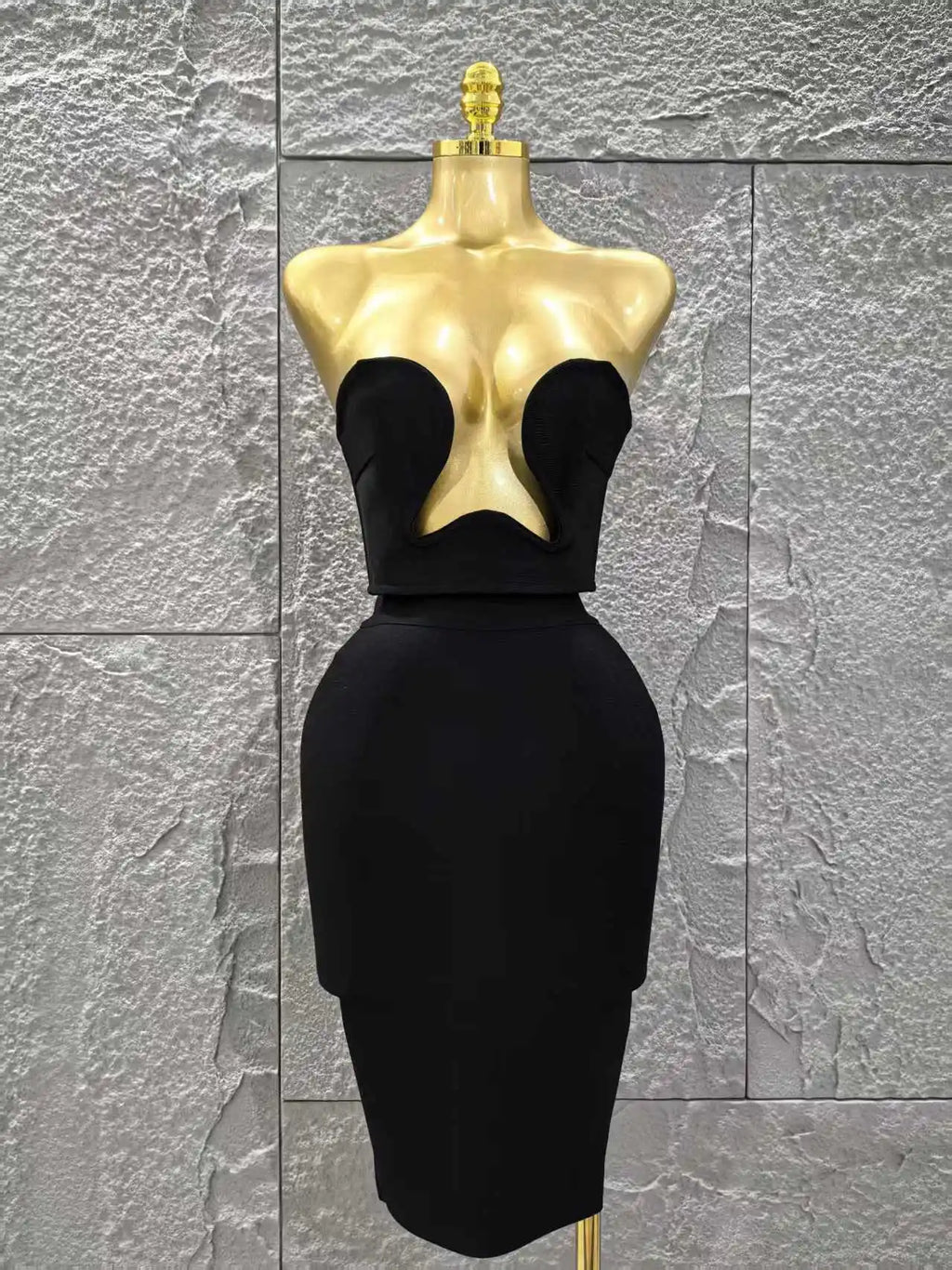 Women Sexy Strapless 2 Pieces Bodycon Rayon Bandage Midi Dress Nightclub Party Fashion Birthday Dress black