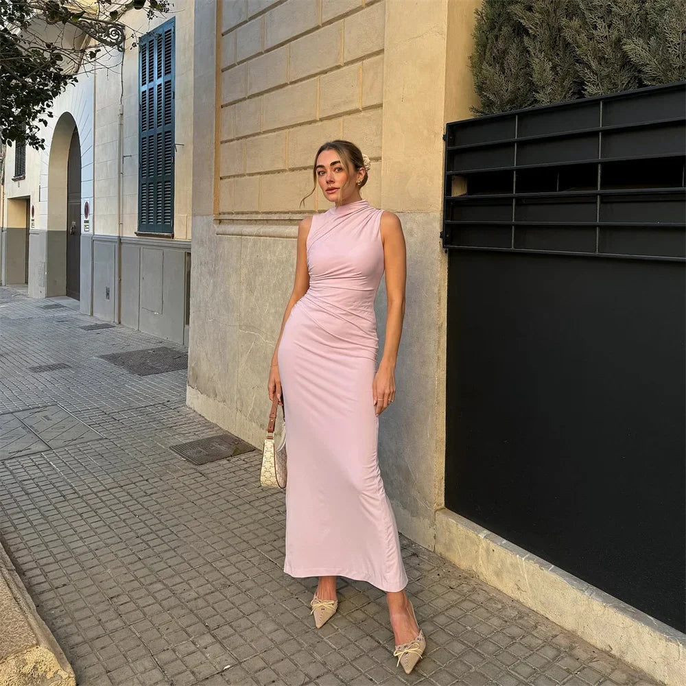Solid Color Pleated Decorative Spring Work Dress